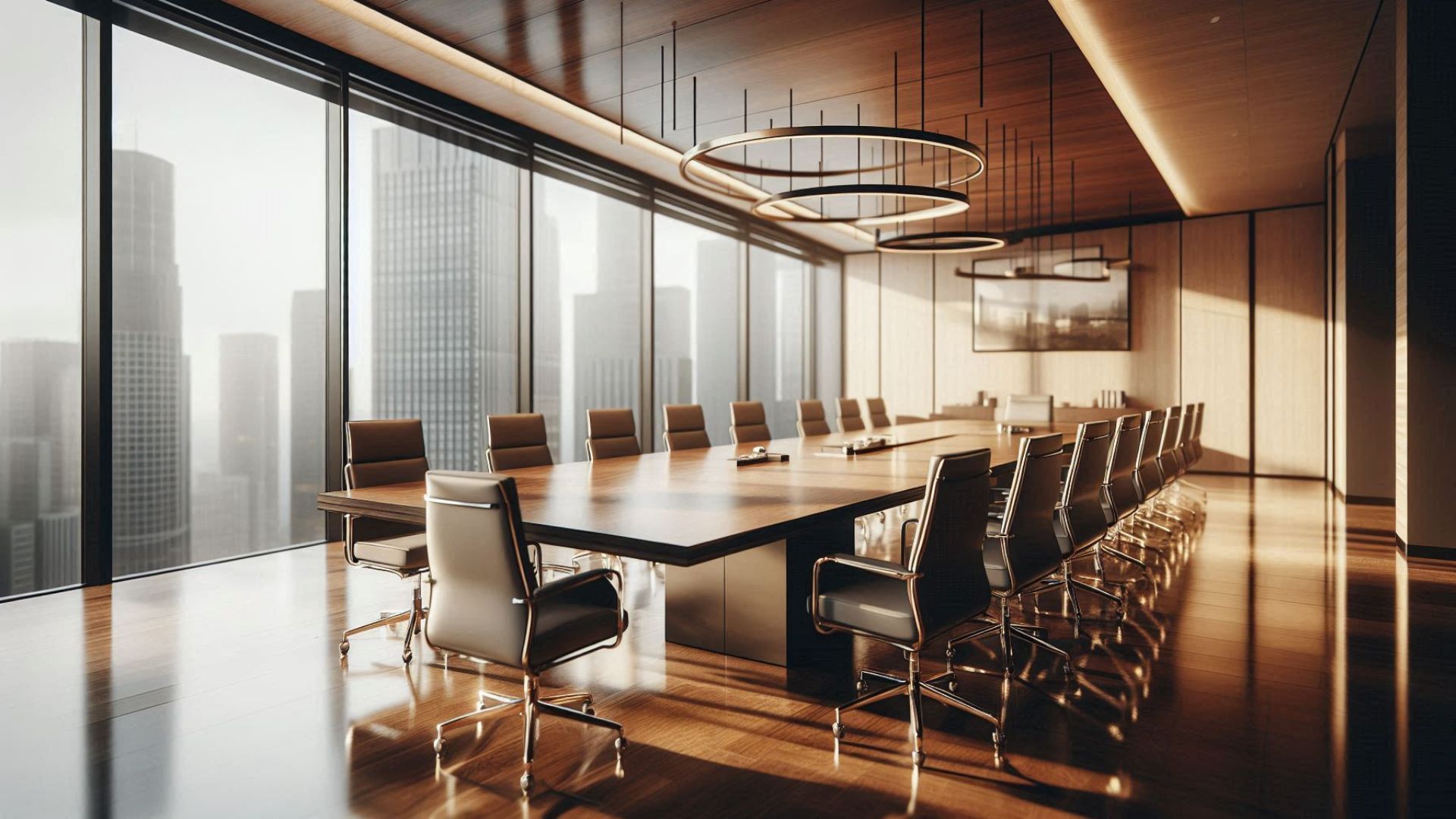 A modern boardroom with a long wooden table, leather chairs, and large windows overlooking a city skyline.
