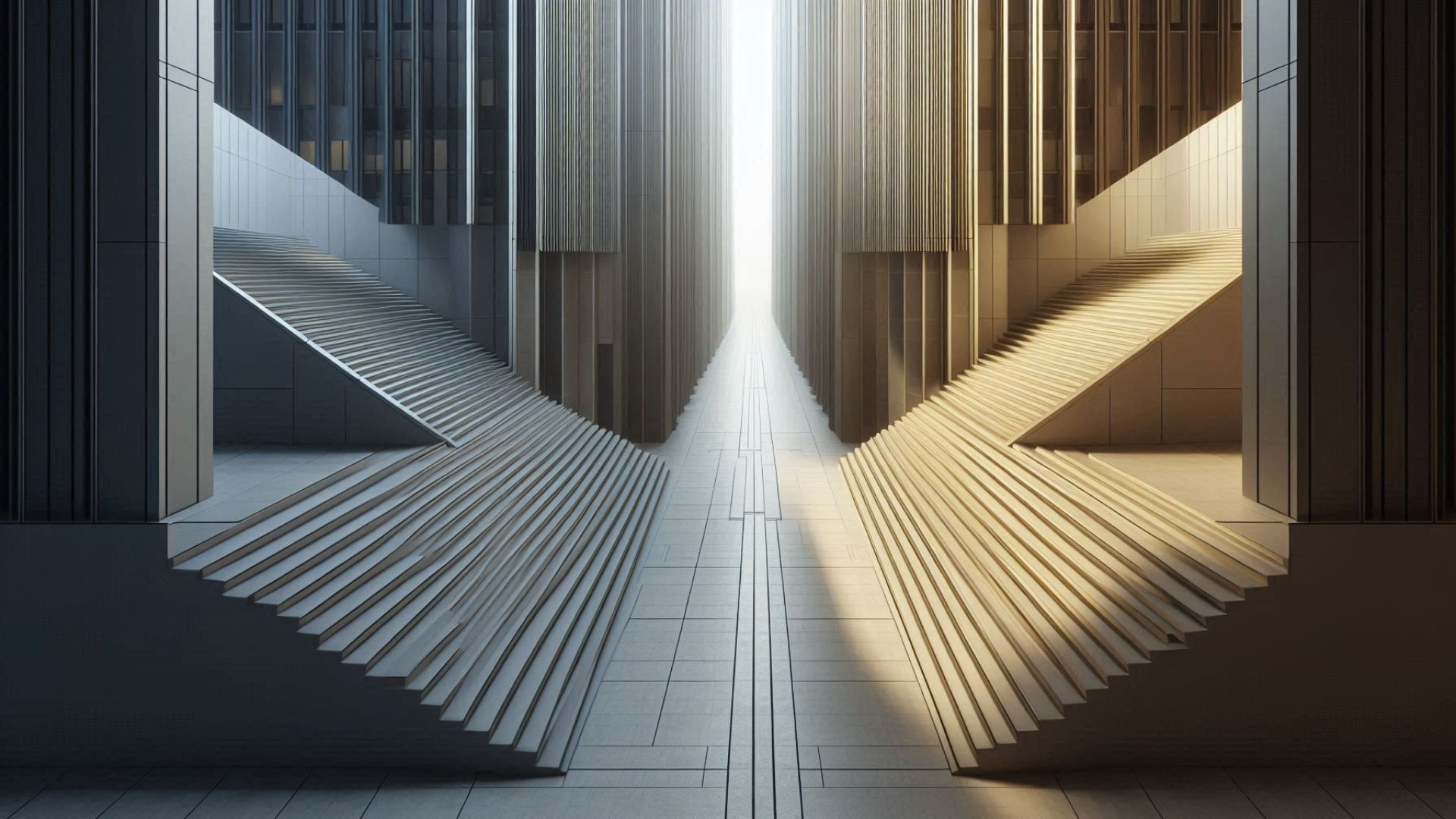 A symmetrical, futuristic architectural scene with two wide staircases leading towards a bright, distant light between tall, monolithic buildings.