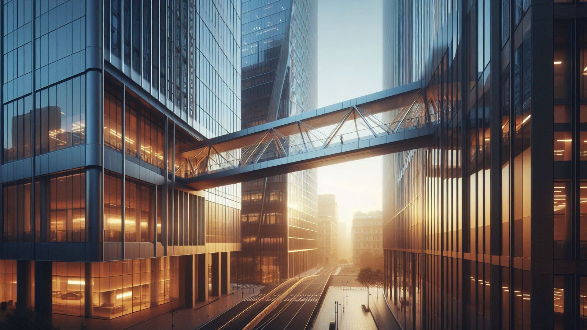 A modern glass skybridge connects two contemporary skyscrapers, illuminated by warm sunset light reflecting off the buildings and casting long shadows on the street below.