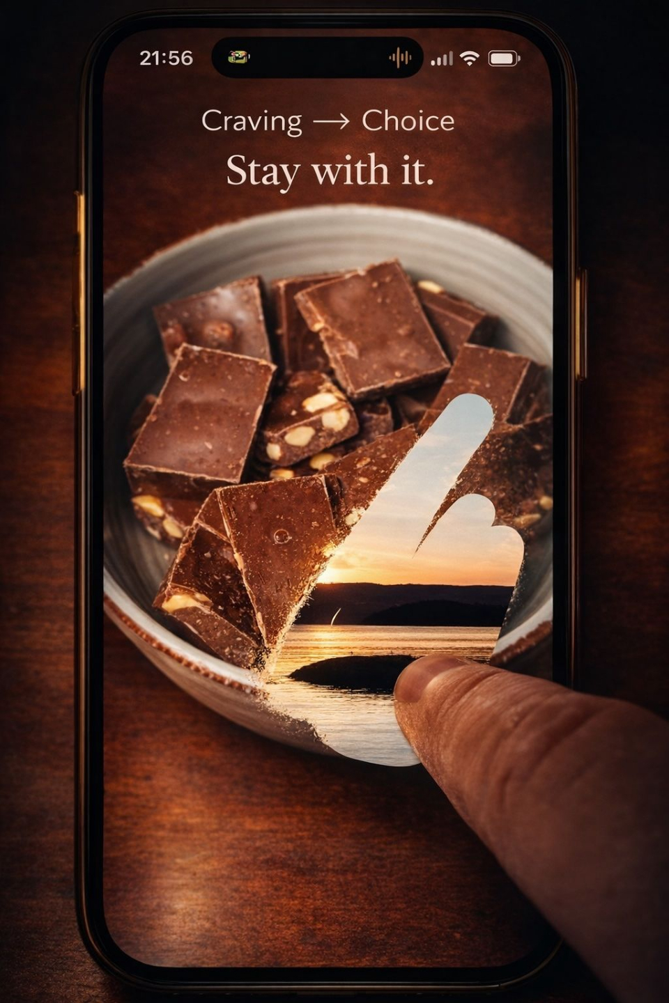 CraveMastery scratch ritual showing a chocolate craving being scratched away to reveal a calm scene underneath