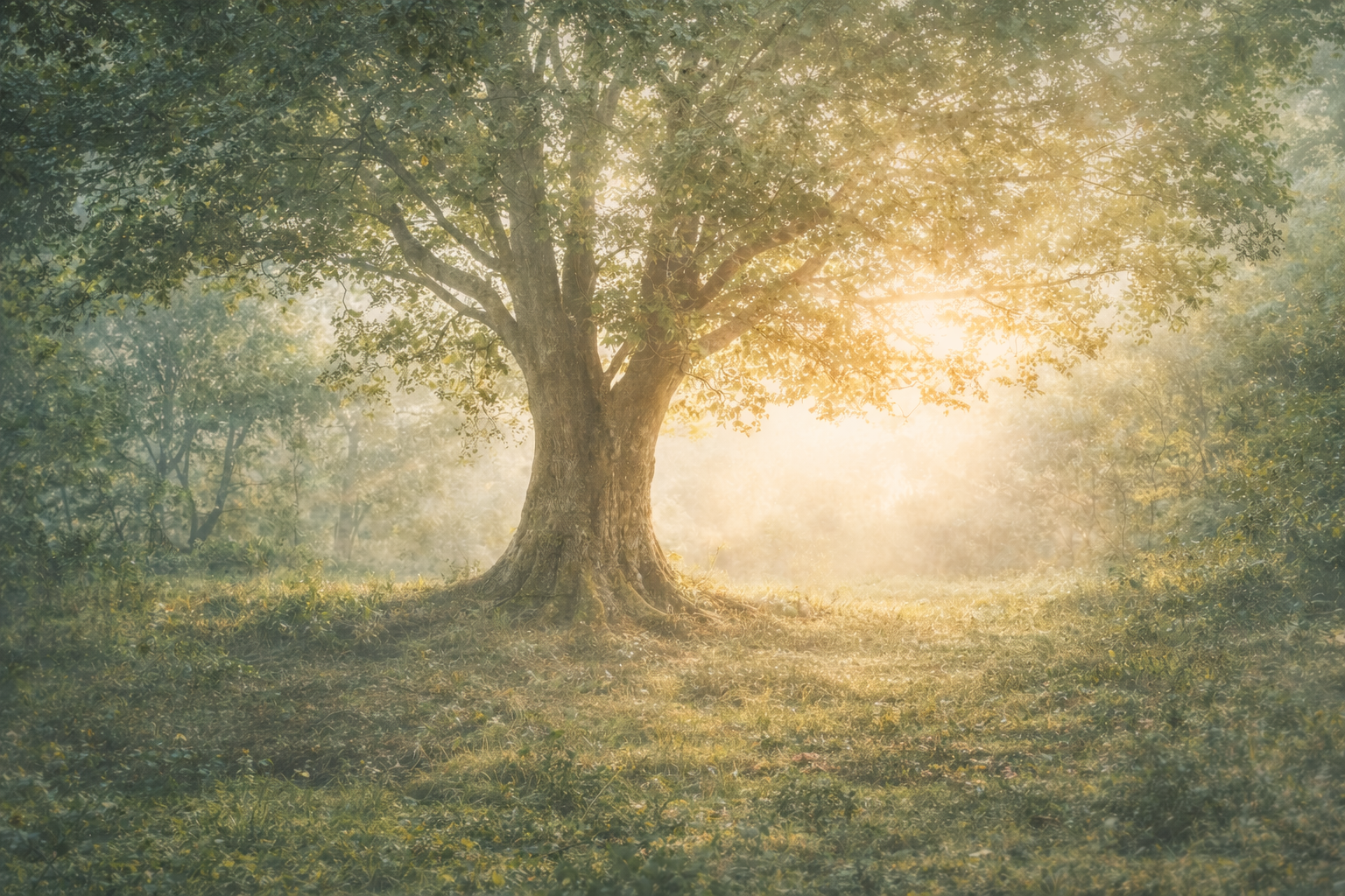 A strong tree illuminated by warm sunlight