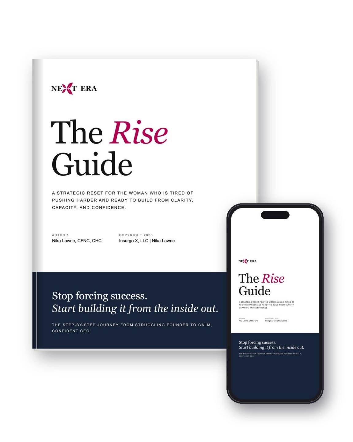 The Rise Guide by Nika Lawrie, a free guide shown as a book and on a phone