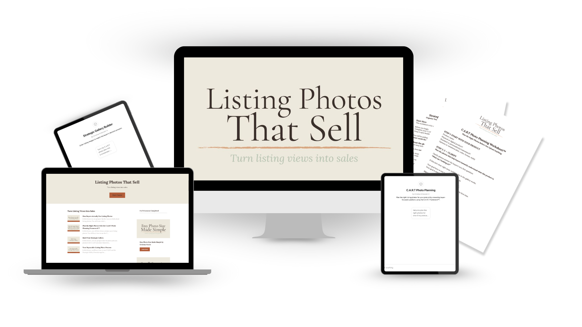 Scroll-Stopping Clicks course mockup showing lessons, templates, and AI prompts that help makers choose the right thumbnail.