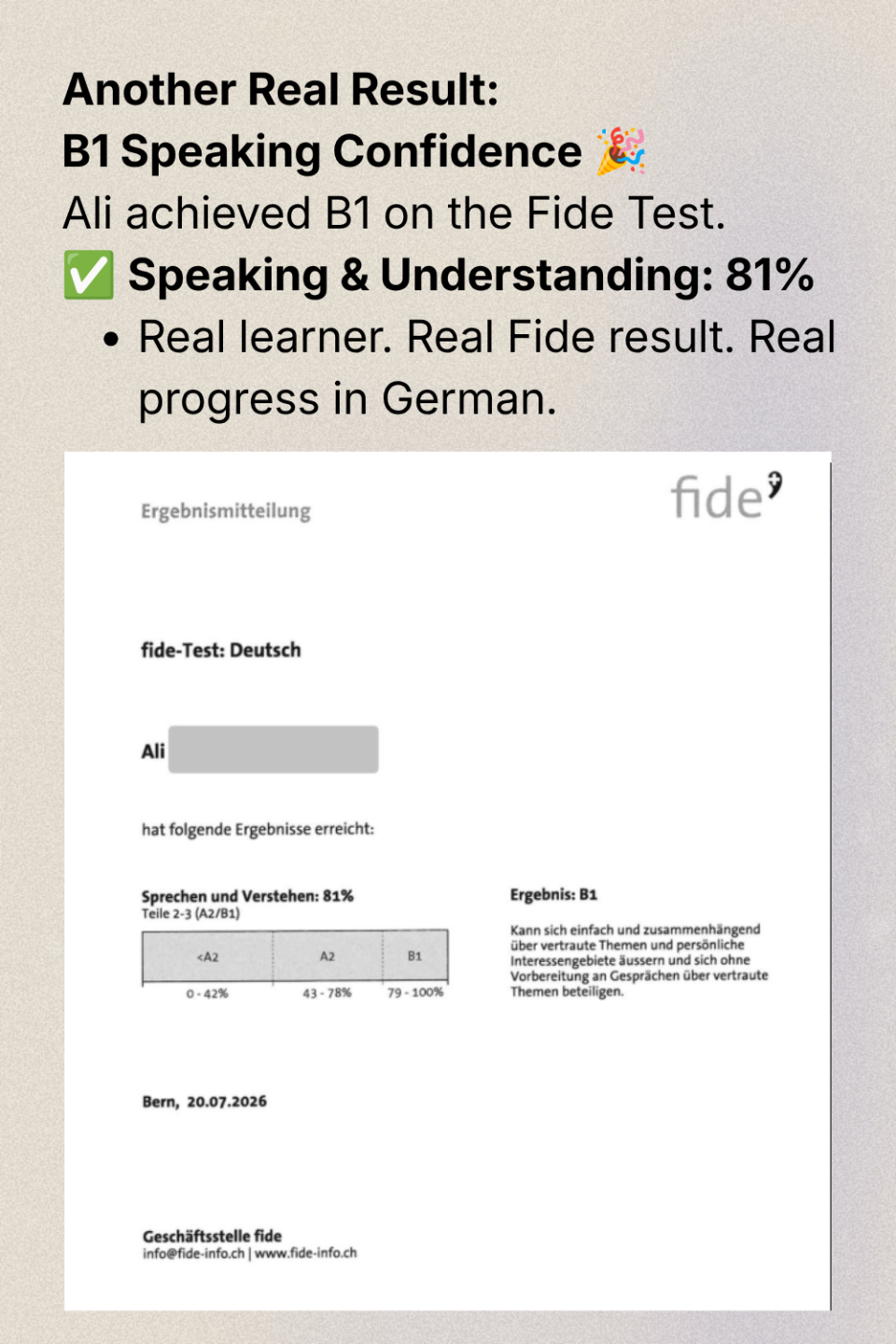 Fide Test German result showing B1 in Speaking and Understanding with 81 percent, achieved by German learner Ali.