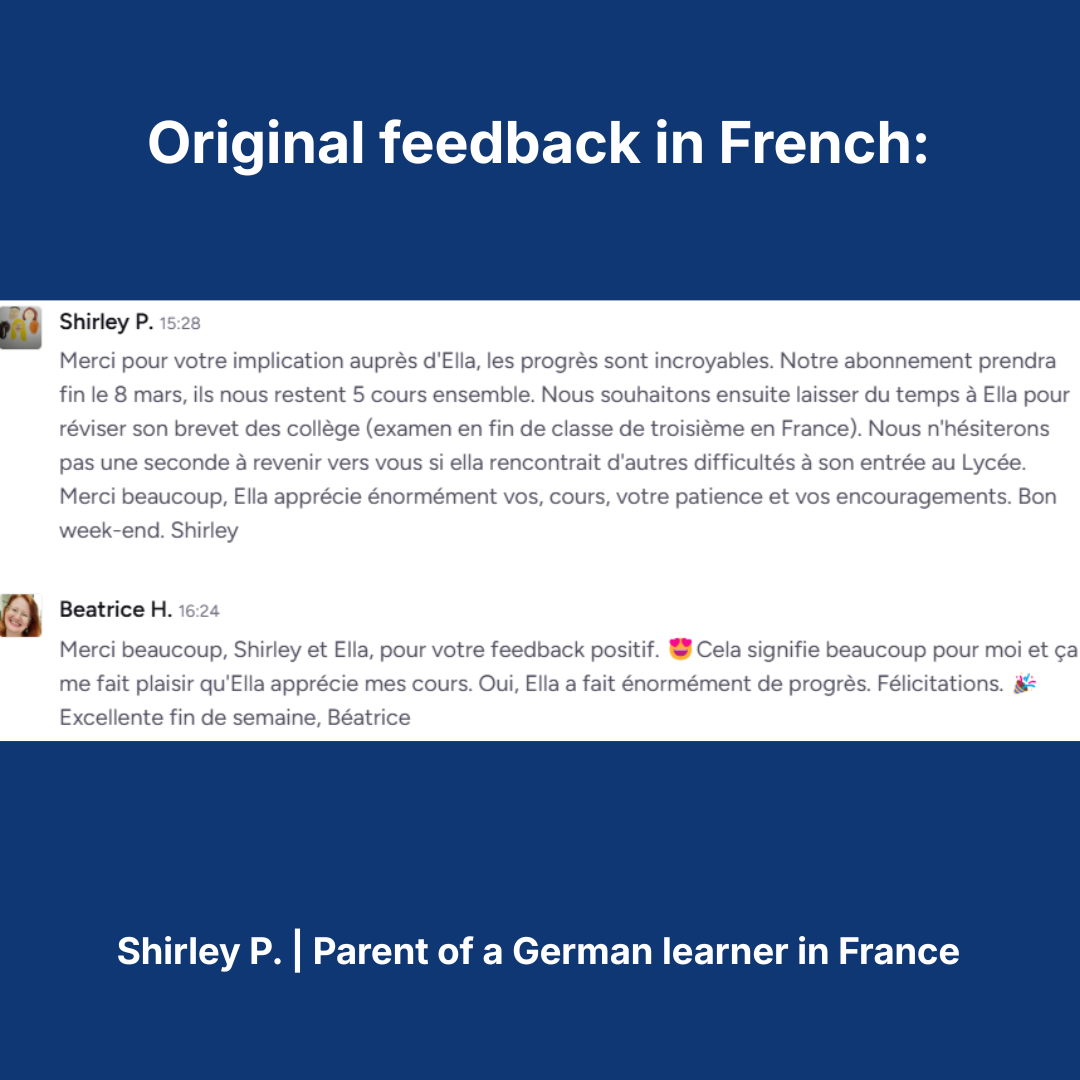 Original French testimonial from Shirley P., a parent in France, describing her daughter's remarkable progress in German and praising Beatrice's patient, encouraging lessons.