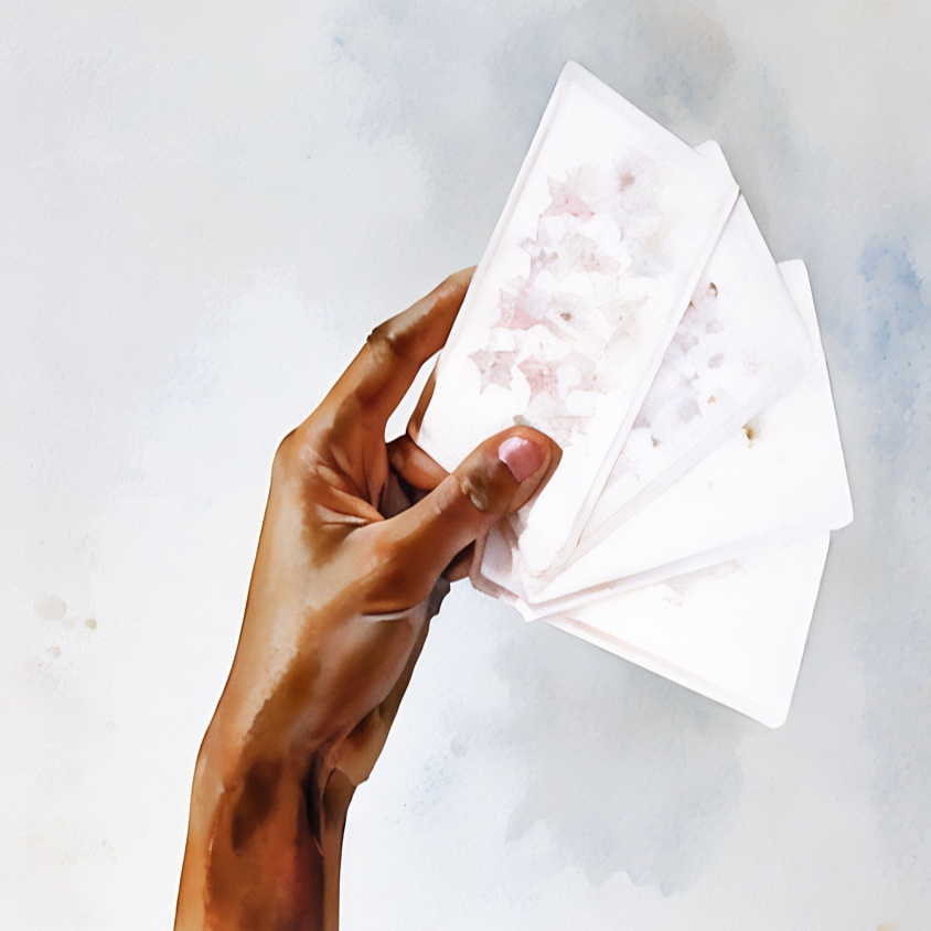 Watercolor Photo of an Informed Midlife Woman Holding Up Fanned Tarot Cards by Haute Stock