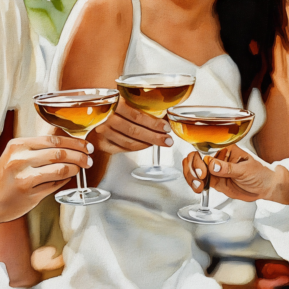 Watercolor Photo of Three Midlife Female Friends Together in Harmony Cheersing Their Glasses by Haute Stock