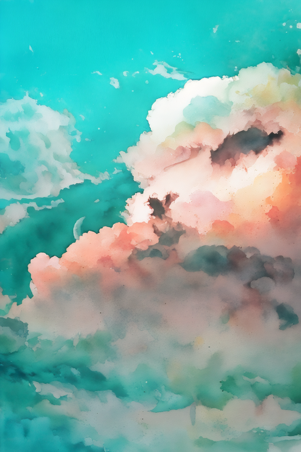 Watercolor of The Moon in a Bright Teal Sky Peeking Out Behind Pink and Cream Clouds by Haute Stock