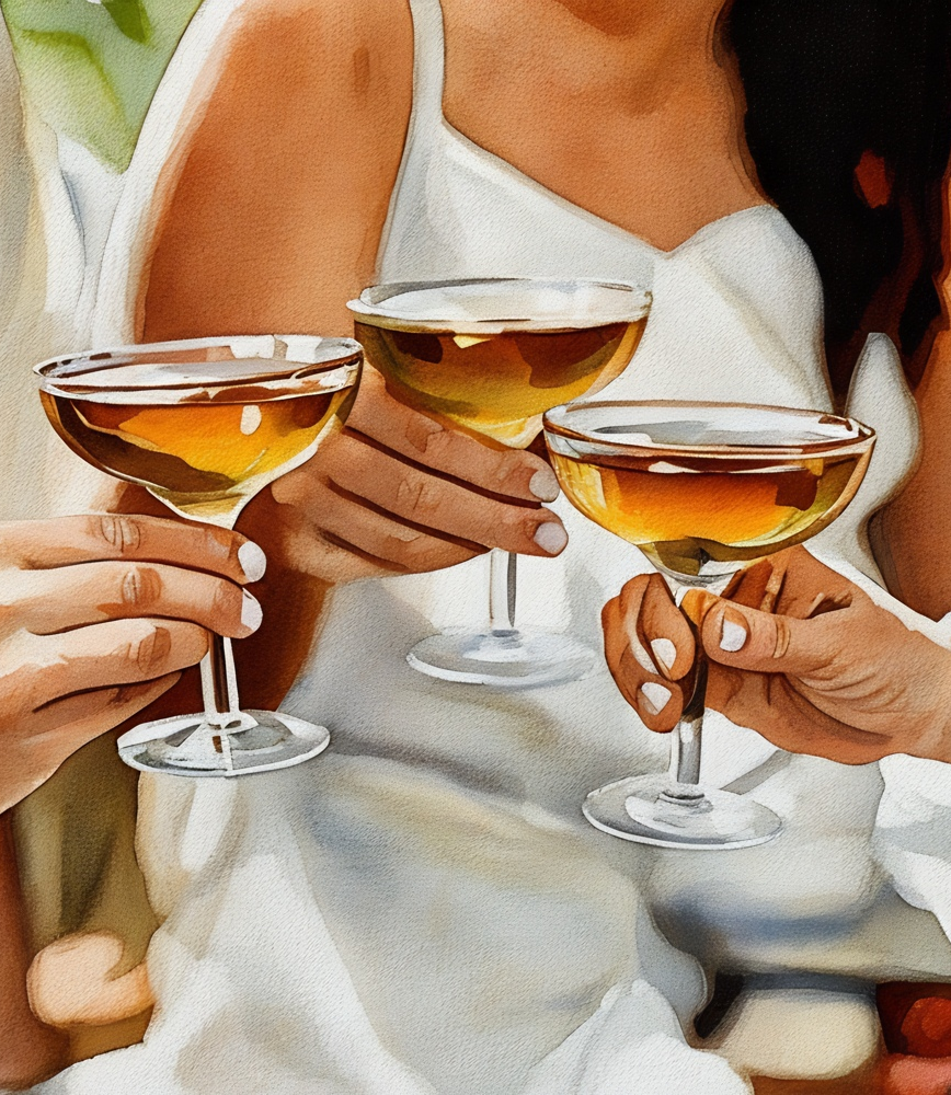 Watercolor Photo of a Group of Women Cheering Eachother by Clinking Glasses by Haute Stock