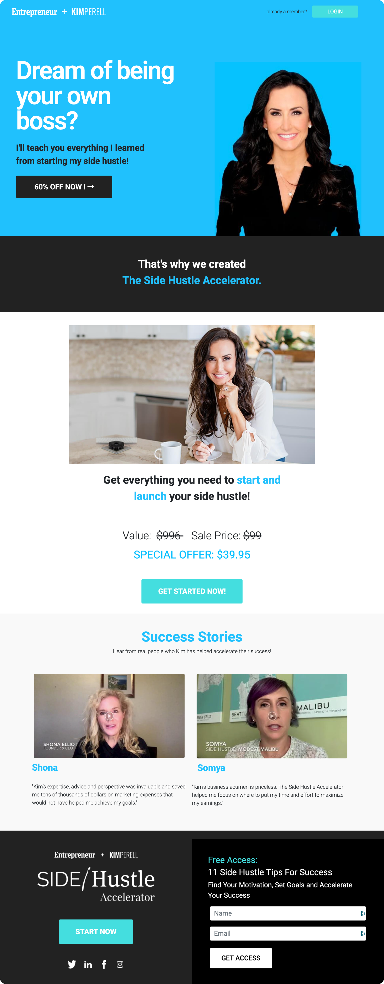 Full-page screenshot of SideHustle lead generation website created by Kajabi Experts Agency,Kajabi Business Platform