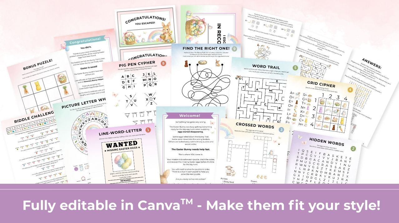 Multiple pages of the Escape Room are shown, with some of the graphics