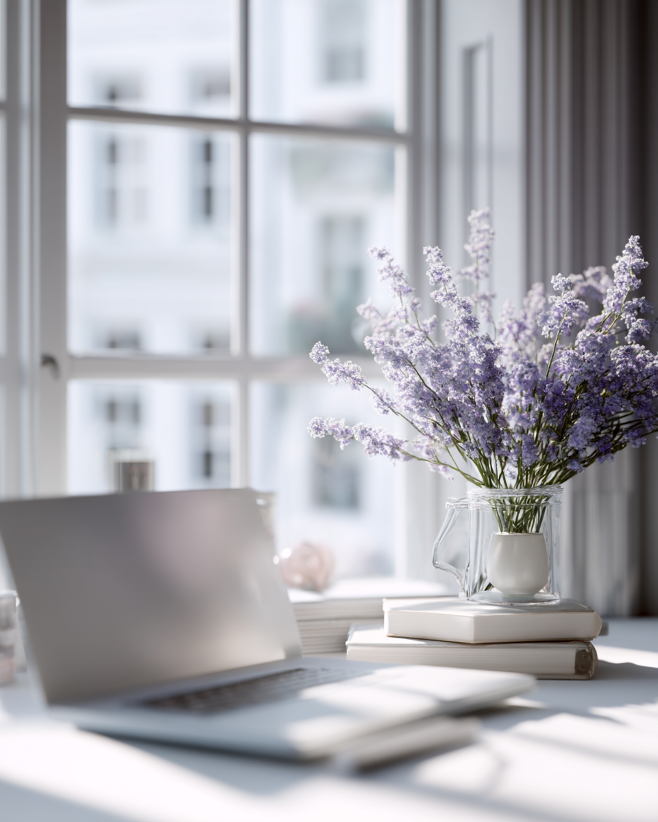 Synergies Method Coaching desk image computer, books, and vase with flowers by a window