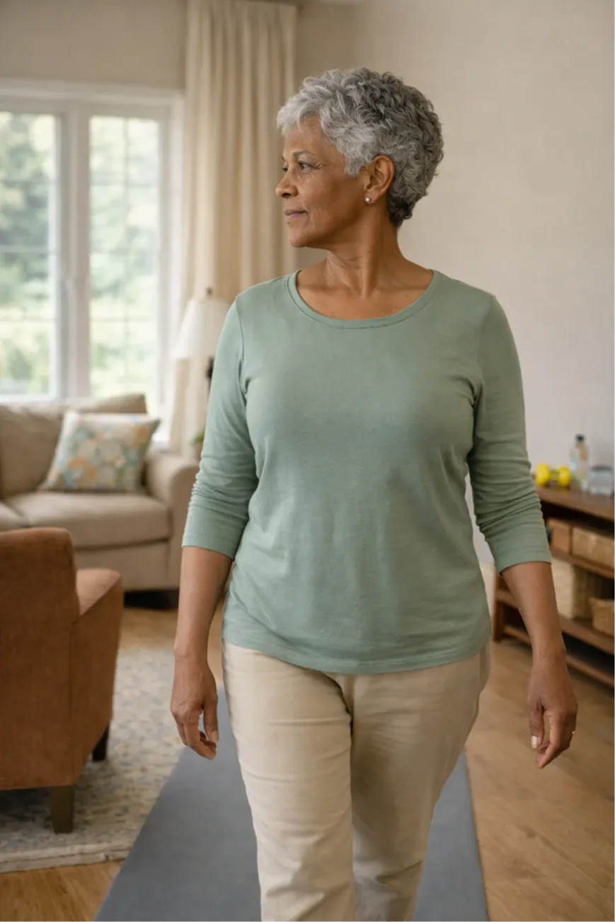 70 yr old lady in a green top praticing side to side head movements