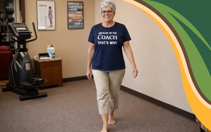 Coach Deb balancing while walking across the office