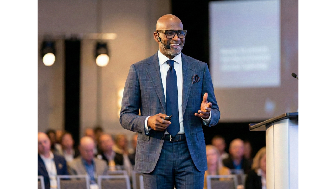 Khalil Osiris speaking on stage at a professional conference, wearing a tailored suit and headset microphone, addressing a seated audience with a presentation screen visible in the background — workforce strategist, consultant, and keynote speaker on fair-chance hiring and the 2Generation Economy Workforce Ecosystem.