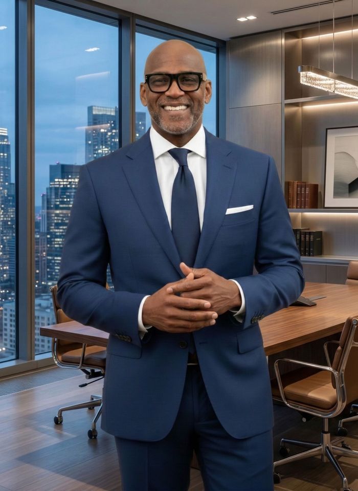 Khalil Osiris, workforce development thought leader and second chance hiring strategist, standing in a boardroom with city skyline — Khalil Osiris Consulting