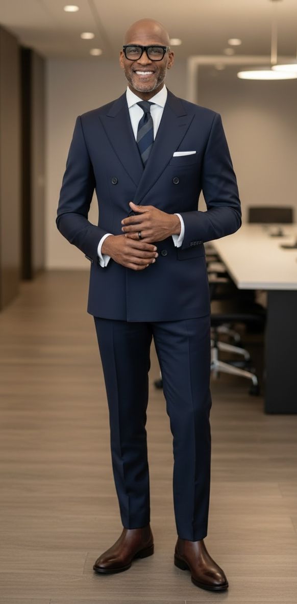 Khalil Osiris, 2Generation Economy Market Architect and reentry workforce consultant, standing full-length in a professional corporate workspace — Khalil Osiris Consulting
