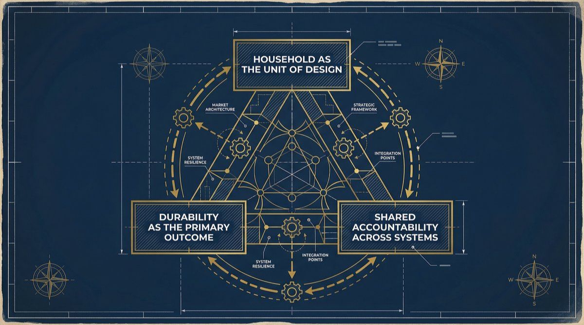 Diagram of the 2Generation Economy Architecture Blueprint showing three design principles: Household as the Unit of Design, Durability as the Primary Outcome, and Shared Accountability Across Systems, with Household Durability at the center.