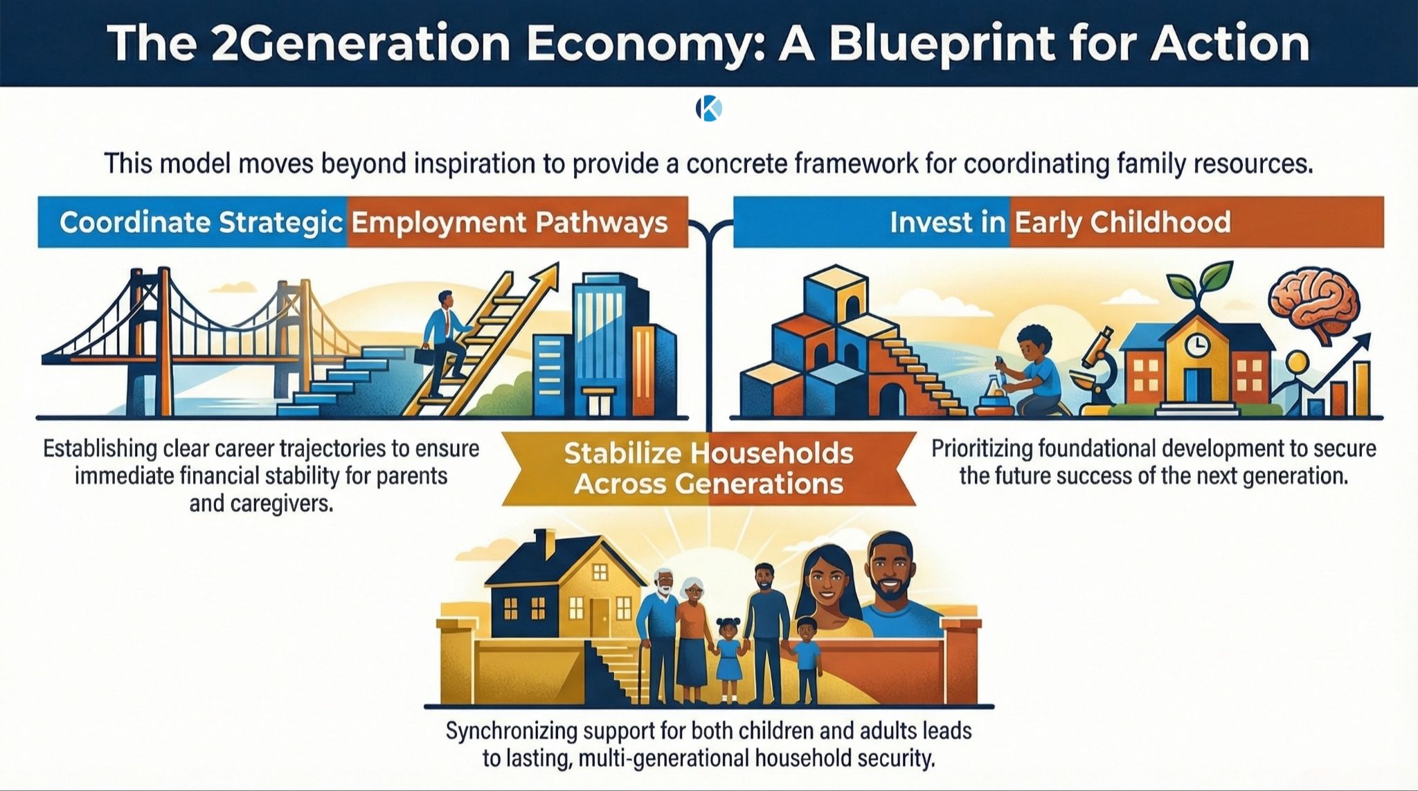 Infographic titled 'The 2Generation Economy: A Blueprint for Action' illustrating Khalil Osiris's three-part framework for multi-generational household stability: coordinating strategic employment pathways for parents, investing in early childhood development, and stabilizing households across generations — Khalil Osiris Consulting