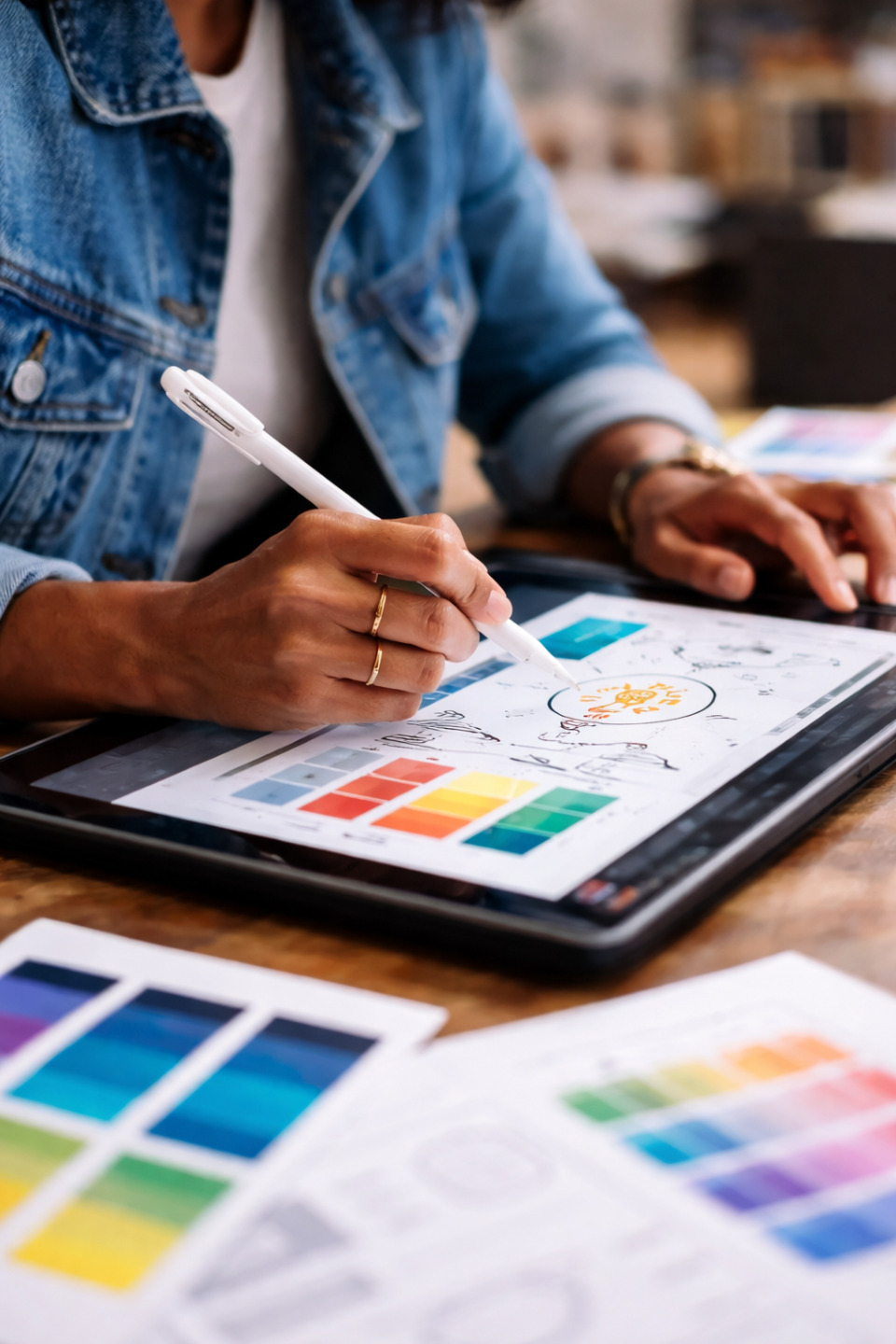 Woman seated at a desk writing notes in a notebook with a pen.