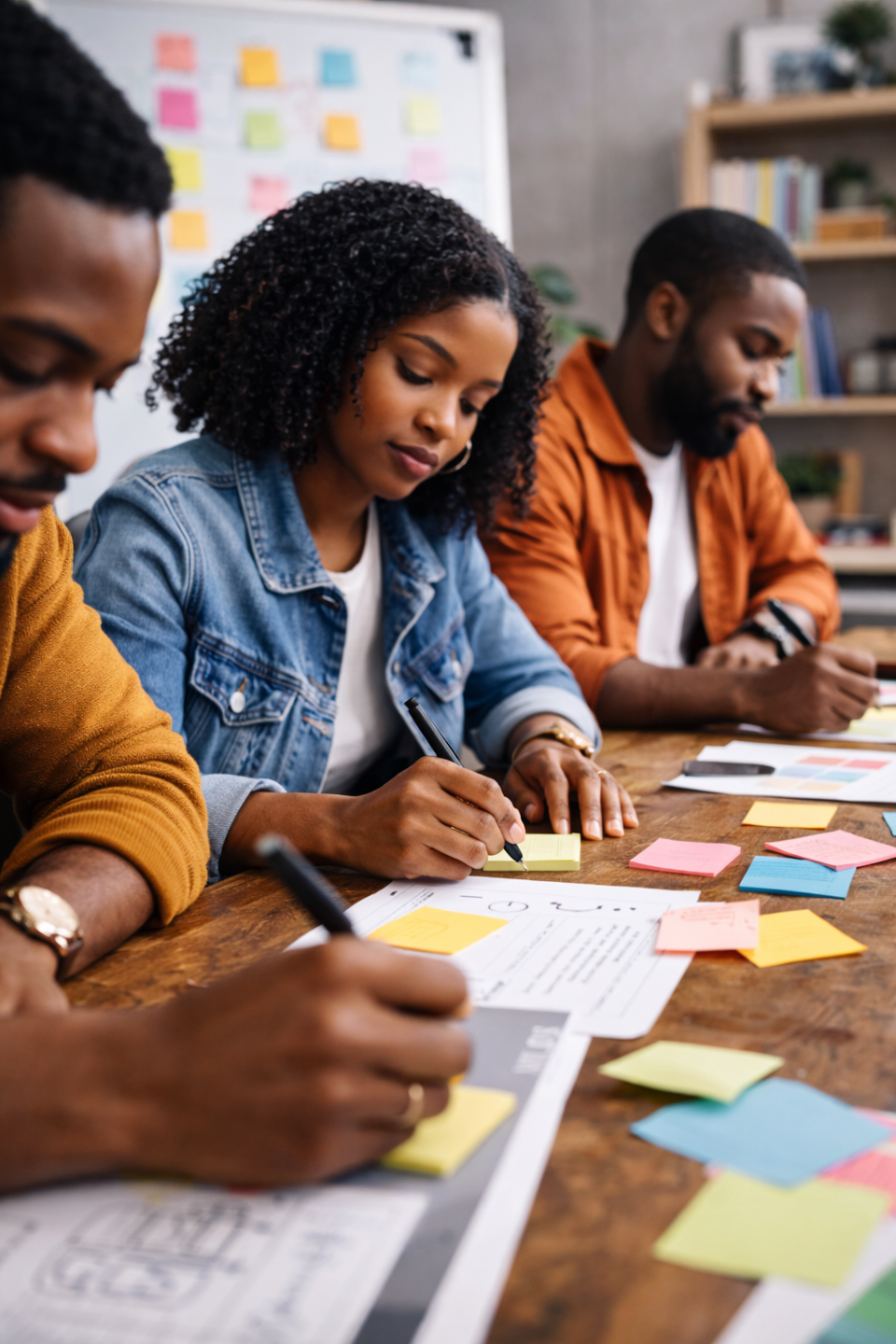 Three people seated at a desk writing notes in a notebook with a pen.