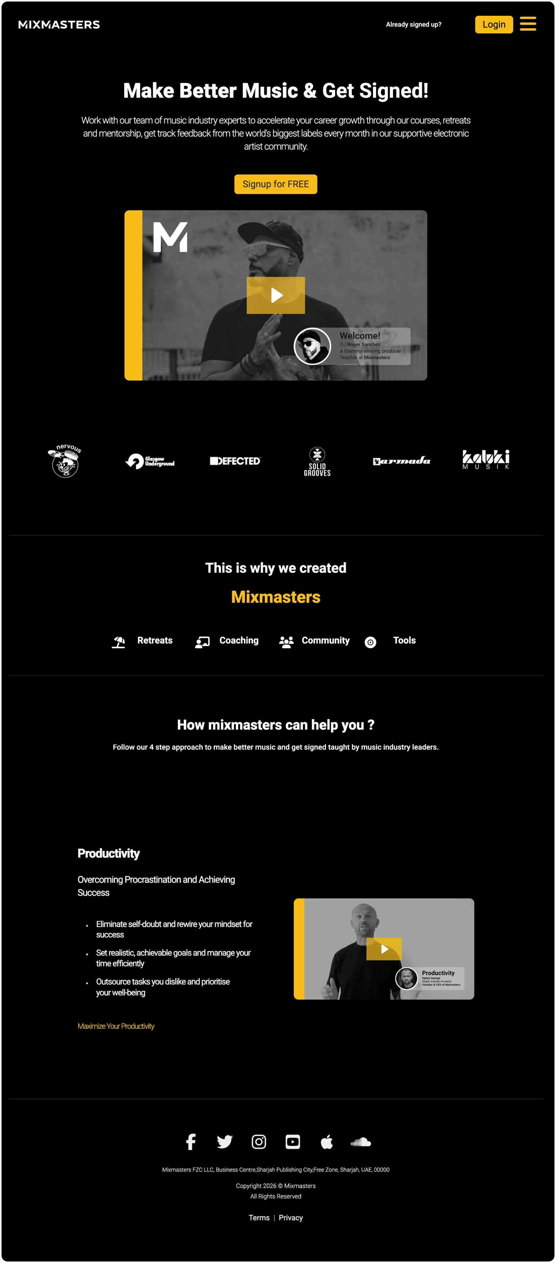 Full-page screenshot of Mixmasters lead generation website created by Kajabi Experts Agency,Kajabi music collaboration platform