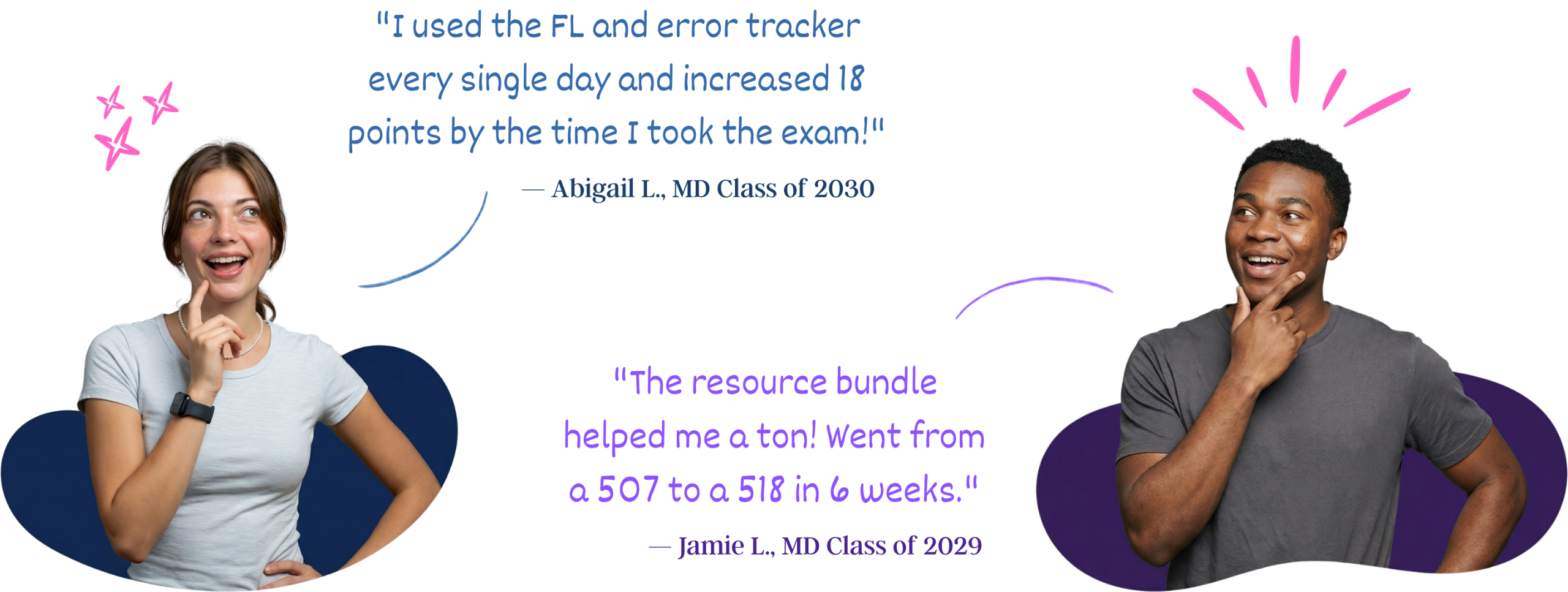 Two students giving testimonials about the resource bundle. One increased 18 points while the other went from a 507 to a 518 in 6 weeks.