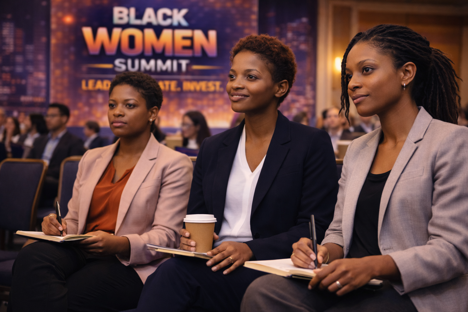 Three women attending the Black Women Summit with the quote “Lead. Innovate. Invest.” displayed on the screen or backdrop behind them.