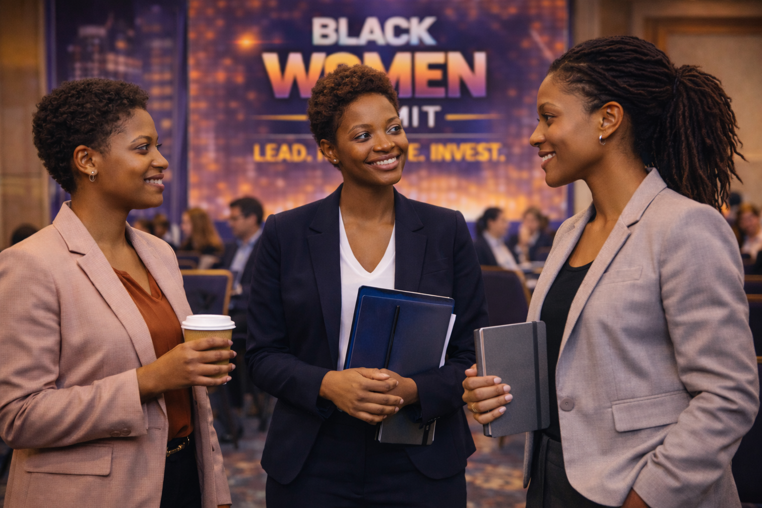Three women attending the Black Women Summit with the quote “Lead. Innovate. Invest.” displayed on the screen or backdrop behind them.