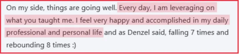 screenshot of a message from client sharing how they use caroline's coaching in their life