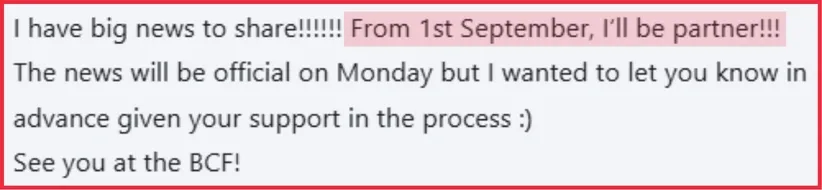 screenshot of client update about confirmed partnership