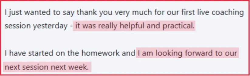 screenshot of client testimonial on their first live coaching session