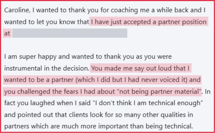 screenshot of client update on their confirmed partnership and how caroline has helped them achieved this 