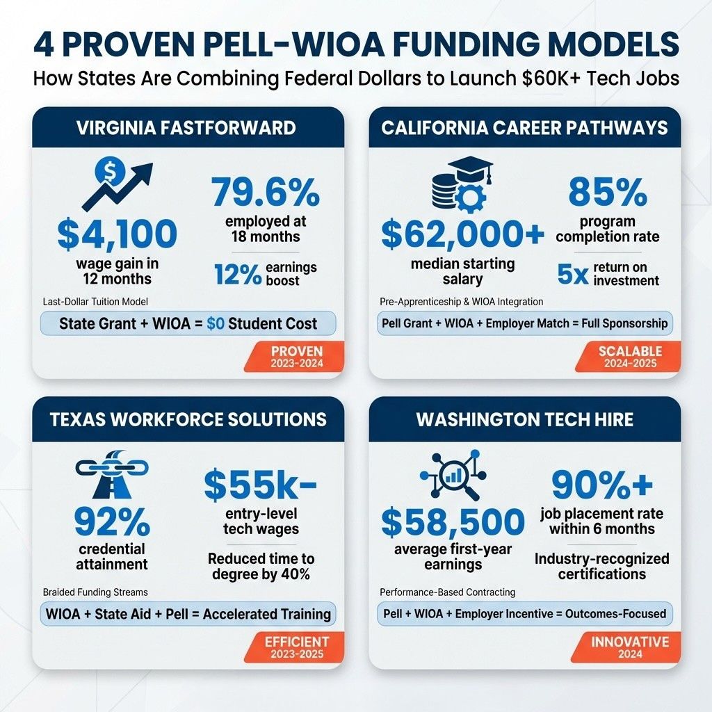 4 Proven Pell-WIOA Funding Models Infographic showing Virginia FastForward, California Career Pathways, Texas Workforce Solutions, and Washington Tech Hire case studies with employment and wage outcomes