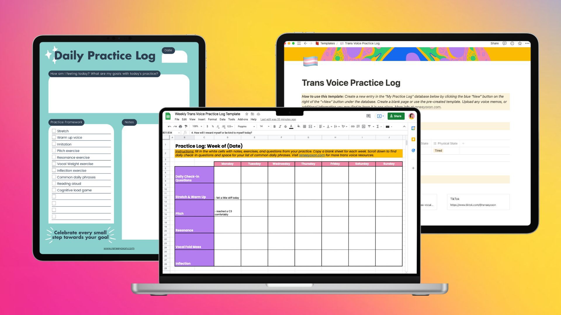 Trans voice training practice log templates in PDF, Google Sheets, and Notion formats