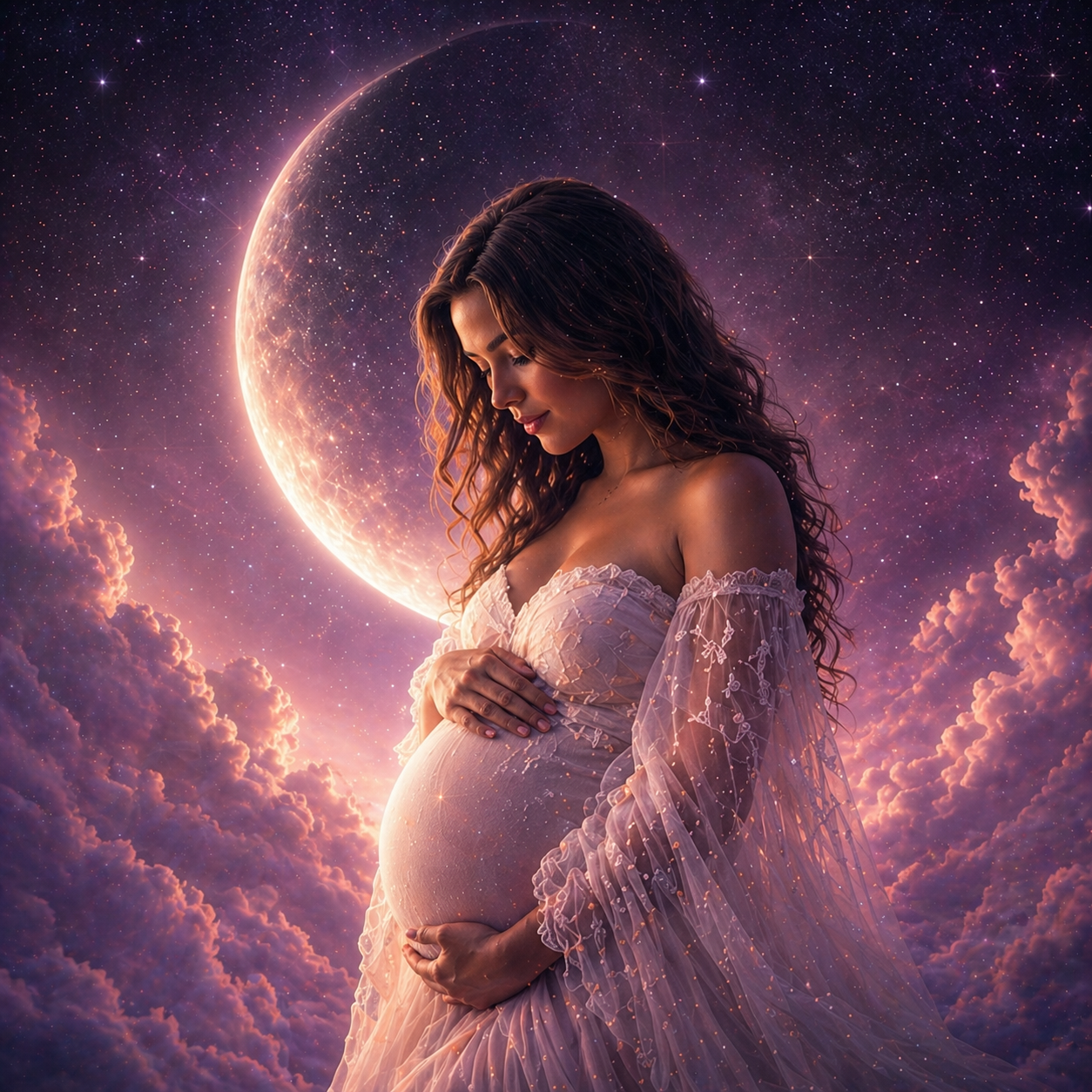 pregnant woman standing beneath a glowing moon surrounded by stars representing spiritual fertility and spirit baby connection