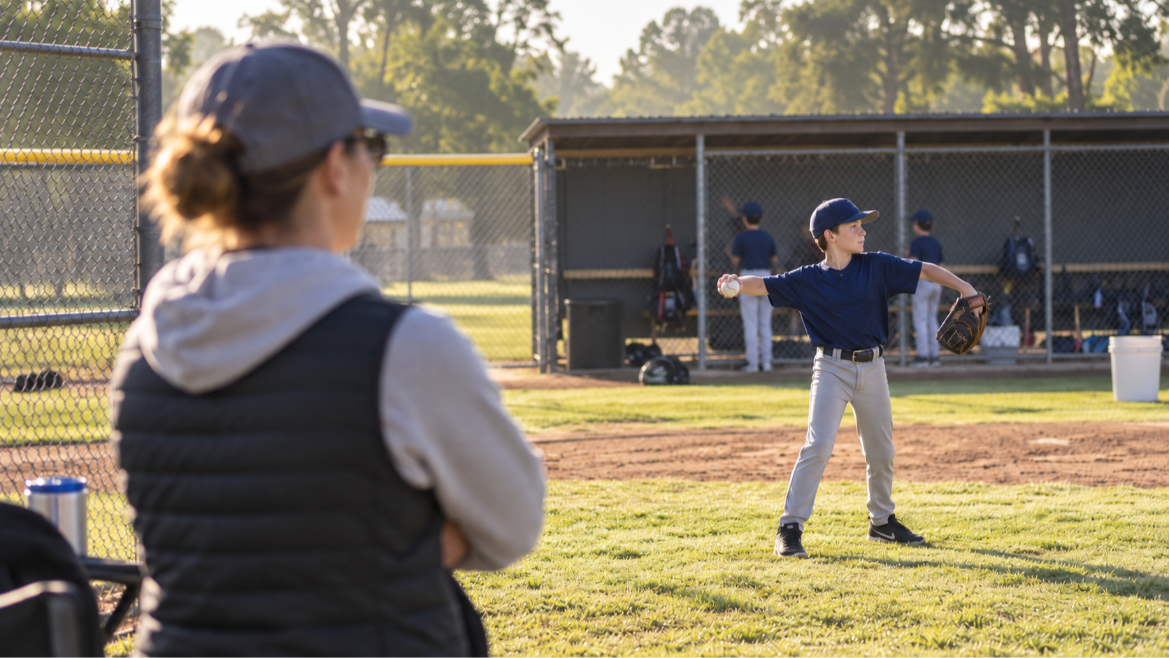 Parent watching youth pitcher warm up before throwing session — youth pitcher arm readiness check and daily throwing decision guide