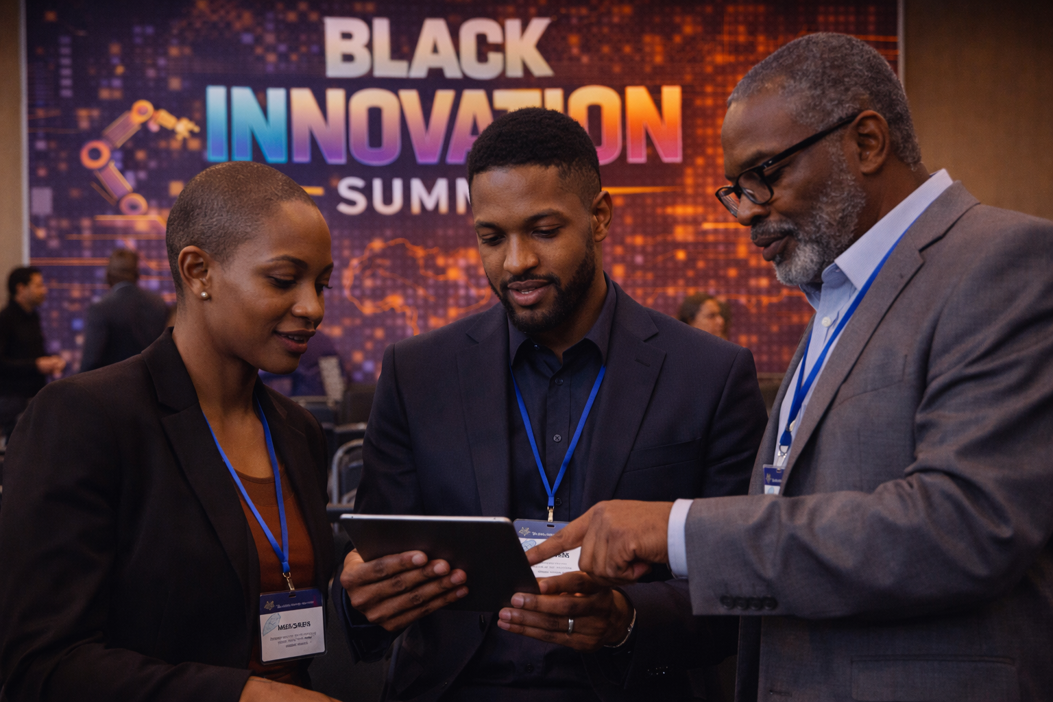 Three people participating in the Black Innovation Summit, with the event setup and branding in view.