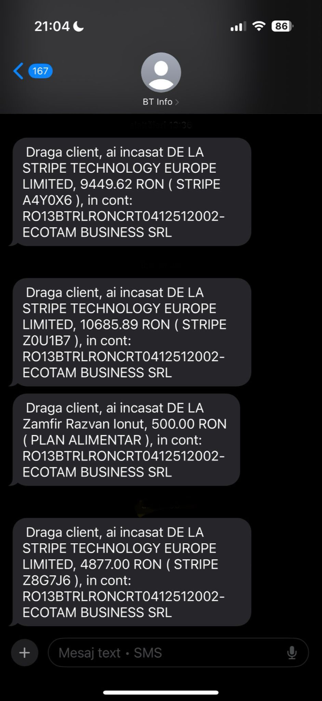 SMS bancă, încasări reale