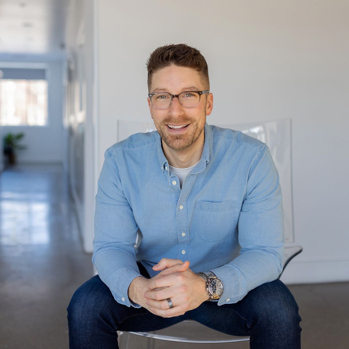 Mike Lamerato, MS LPC, founder and men's therapist at Metro-Detroit Men's Therapy, seated in his Metro-Detroit office