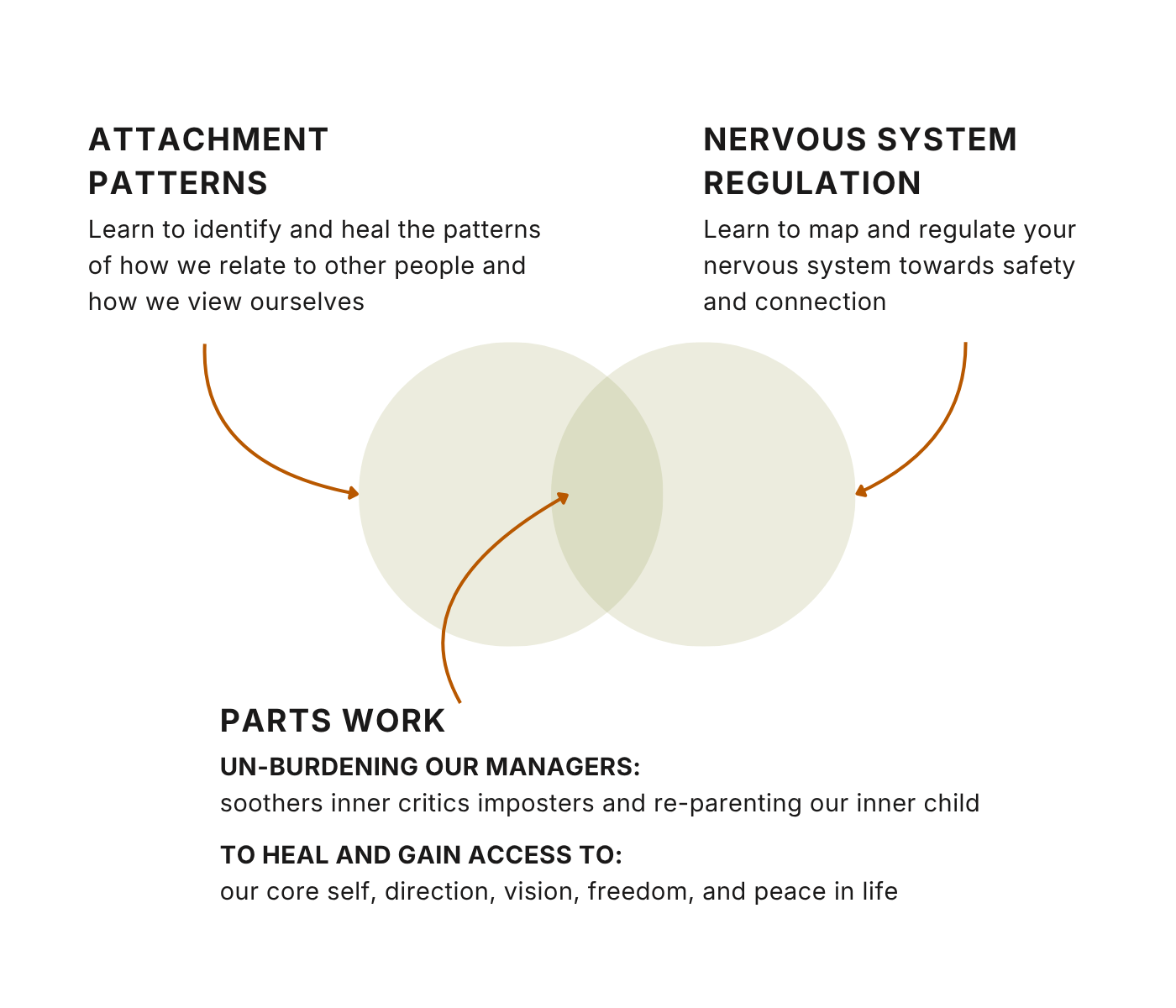 Diagram showing how parts work, attachment patterns, and nervous system regulation intersect in men's therapy at Metro-Detroit Men's Therapy