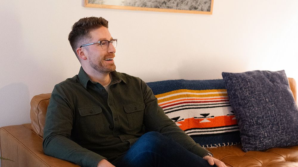 Mike Lamerato, founder of Metro-Detroit Men's Therapy, seated in his Metro-Detroit therapy office