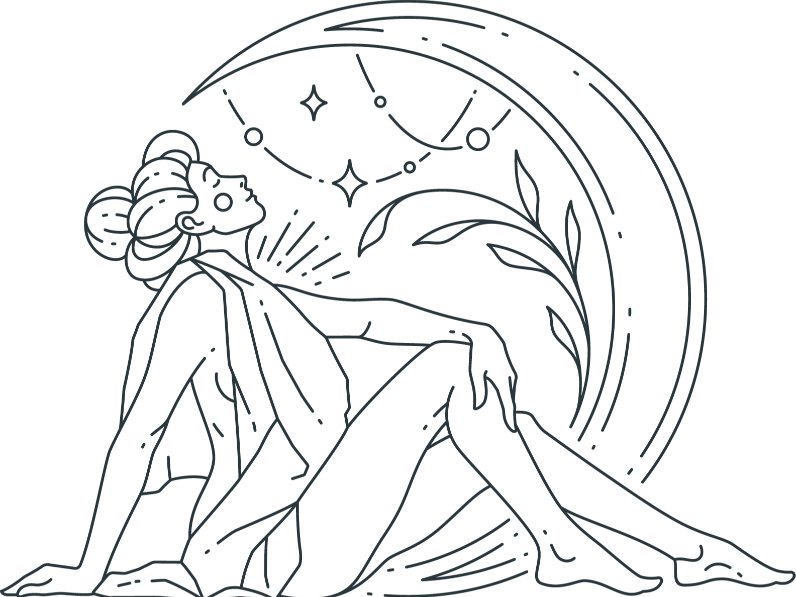 Drawing of a Soulfull Woman Facing The Moon by Valenty in Navy Blue Ink