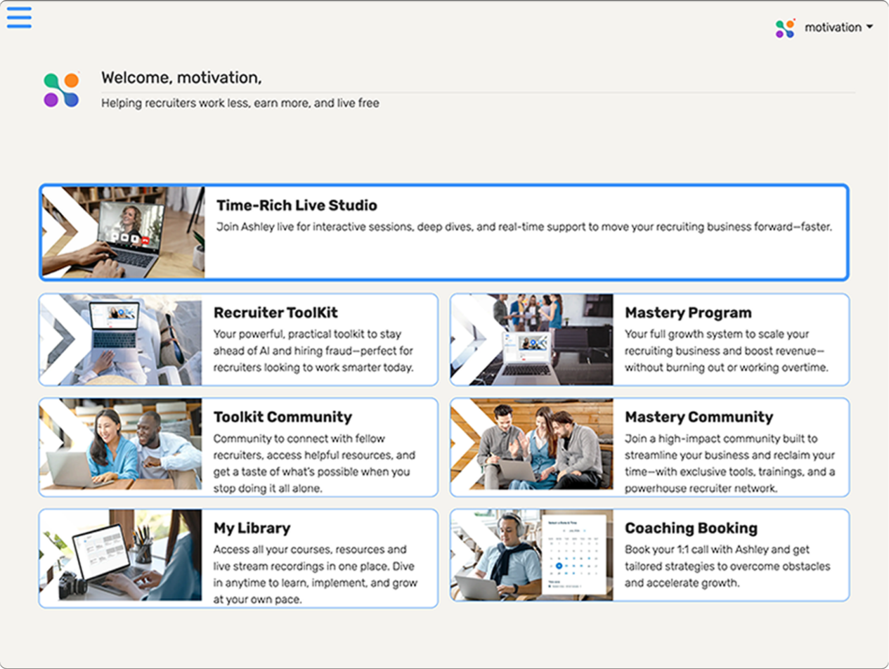 A modern online course platform designed for dietitians, showcasing organized nutrition education, saved learning resources, and easy course navigation. Designed by Motivation.digital