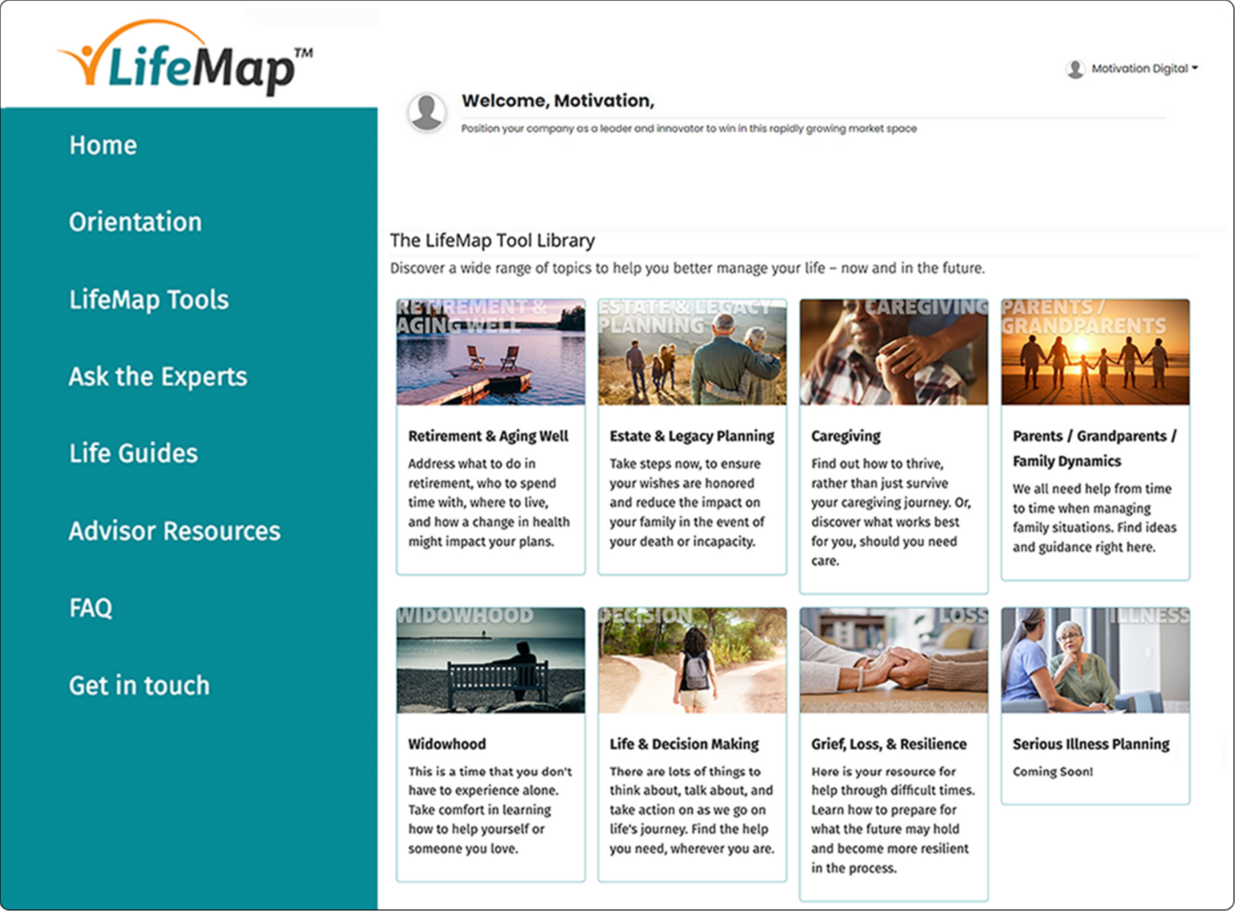 Custom member portal dashboard designed for older adults, featuring clear navigation, guided workouts, progress tracking, and personalized recommendations. Designed by Motivation.digital