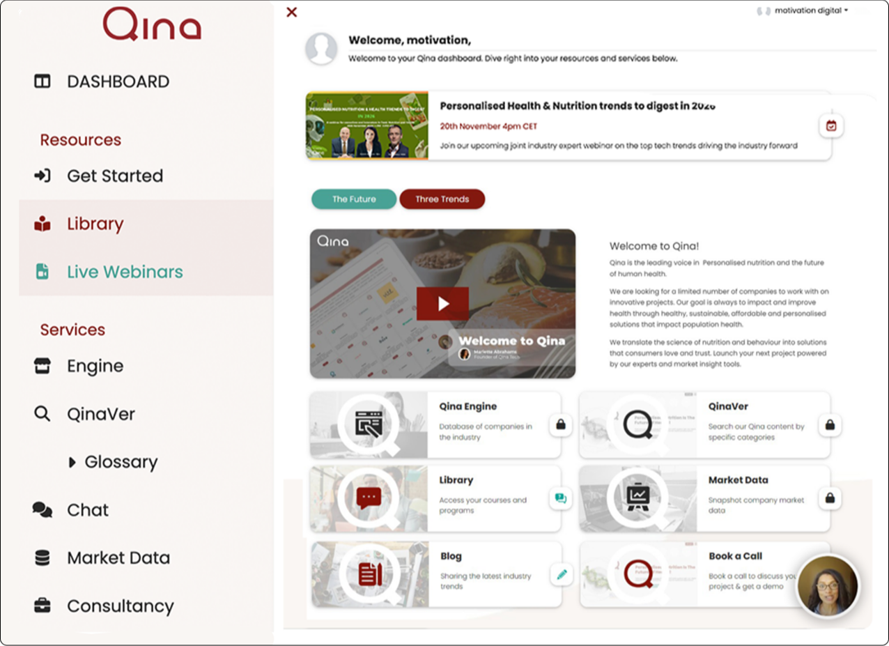 A modern online course platform designed for dietitians, showcasing organized nutrition education, saved learning resources, and easy course navigation. Designed by Motivation.digital