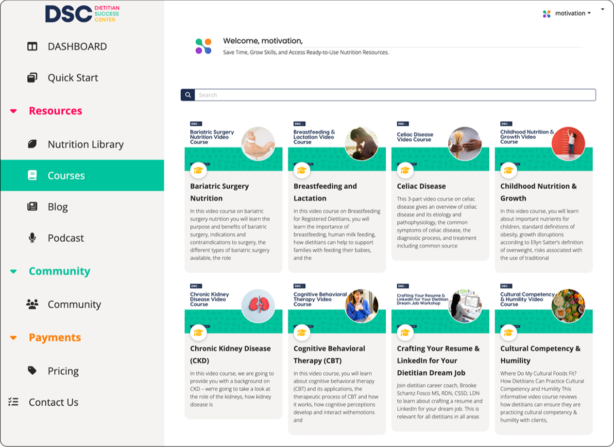 Custom member portal dashboard designed for older adults, featuring clear navigation, guided workouts, progress tracking, and personalized recommendations. Designed by Motivation.digital