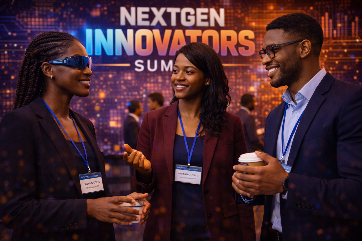 Three attendees participating in the NextGen Innovators Summit with the event setup visible behind them.