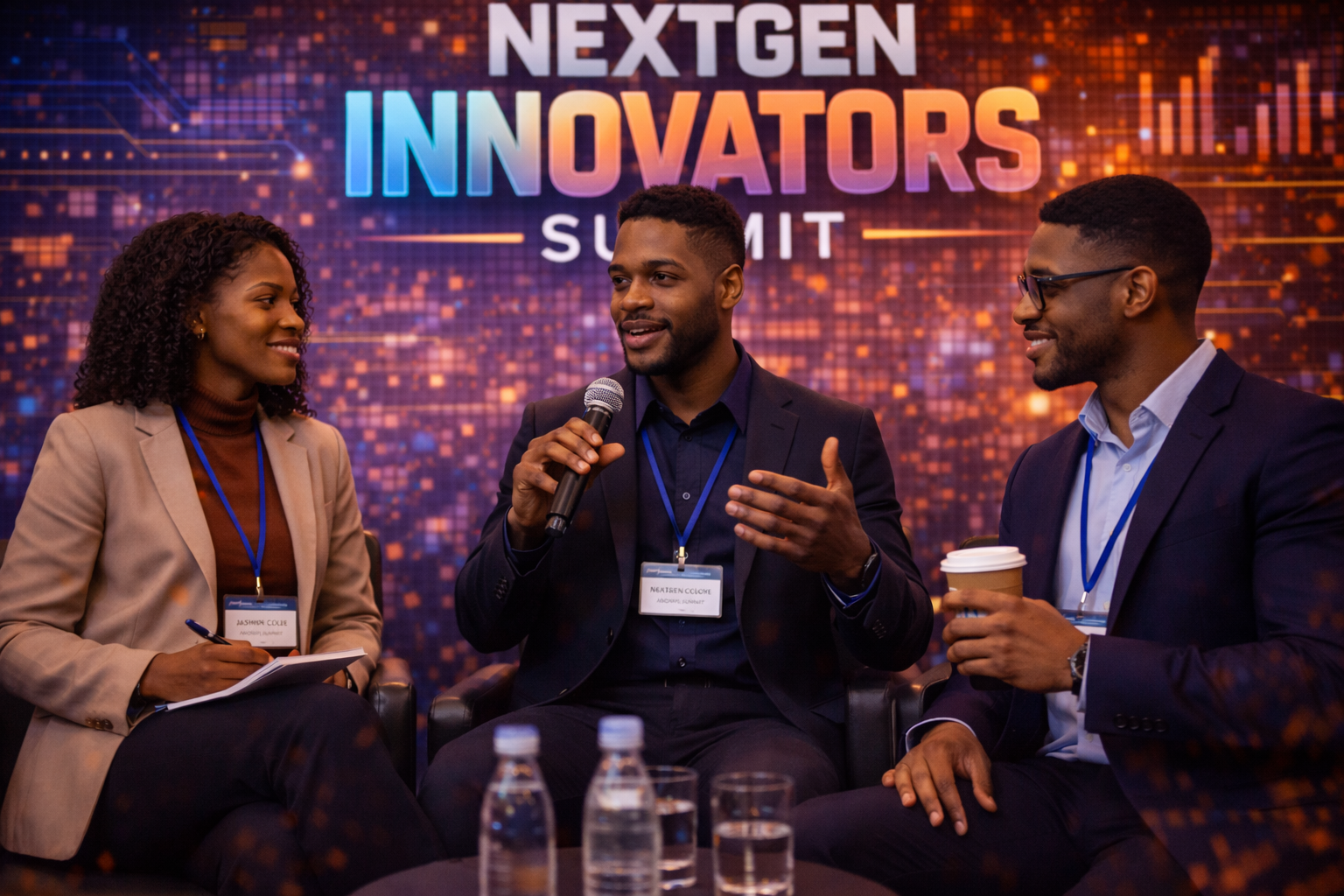 Three attendees participating in the NextGen Innovators Summit with the event setup visible behind them.
