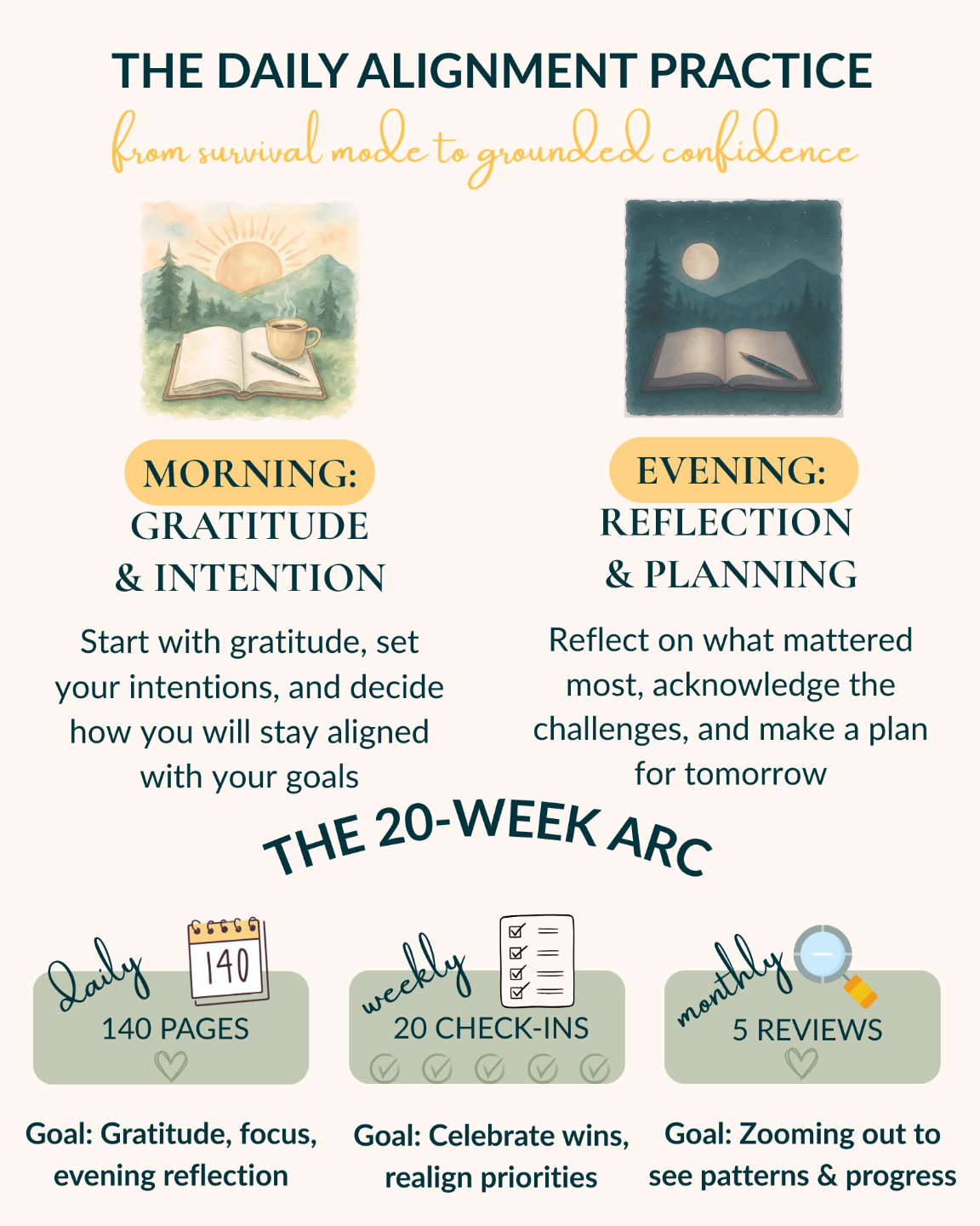 infographic showing the daily/weekly/monthly alignment practice over 20 weeks